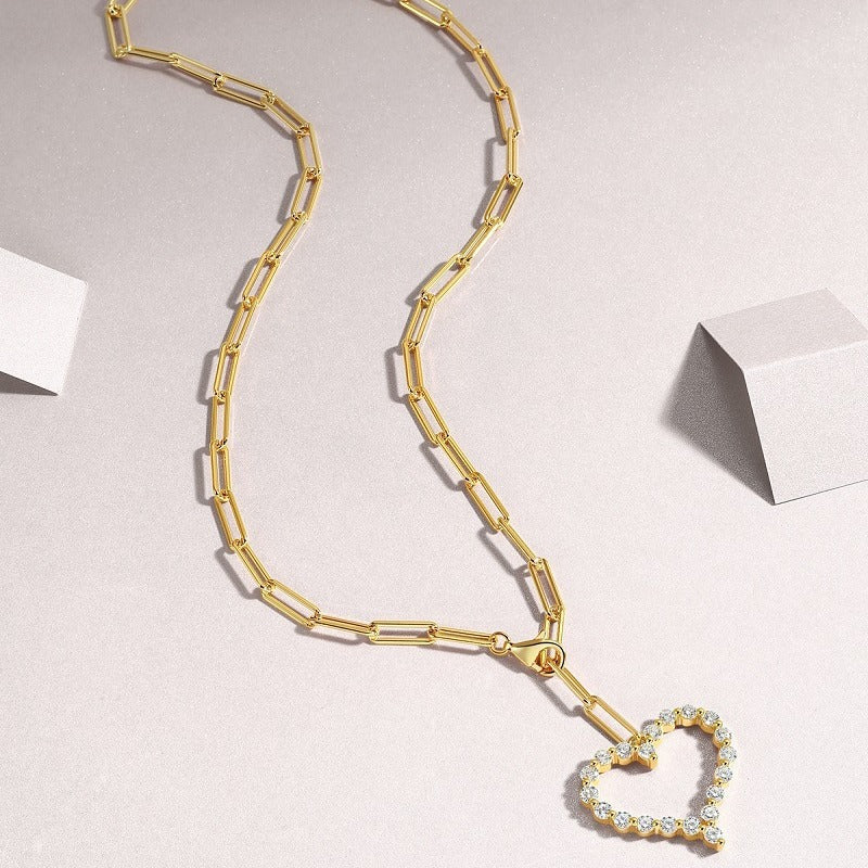 Glojewels Gold Tone Halo White Round Cut Moissanite Pendant Necklace