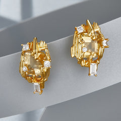 Glojewels Gold Art Deco Natural Citrine Asscher Cut Silver Stud Earring