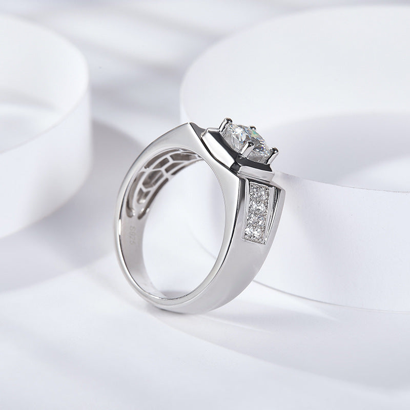 Glojewels Half 2 Rows 1ct White Moissanite Round Cut Silver Men's Ring