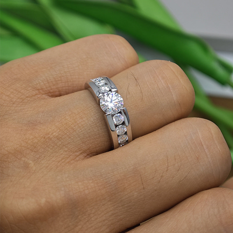 Glojewels Hlaf Eternity 1ct White Moissanite Round Cut Silver Men's Ring