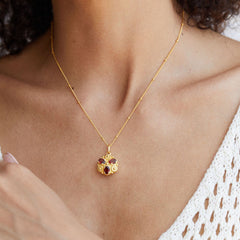 Glojewels Gold Flower Natural Garnet Oval Cut Silver Pendant Beaded Chain Necklace