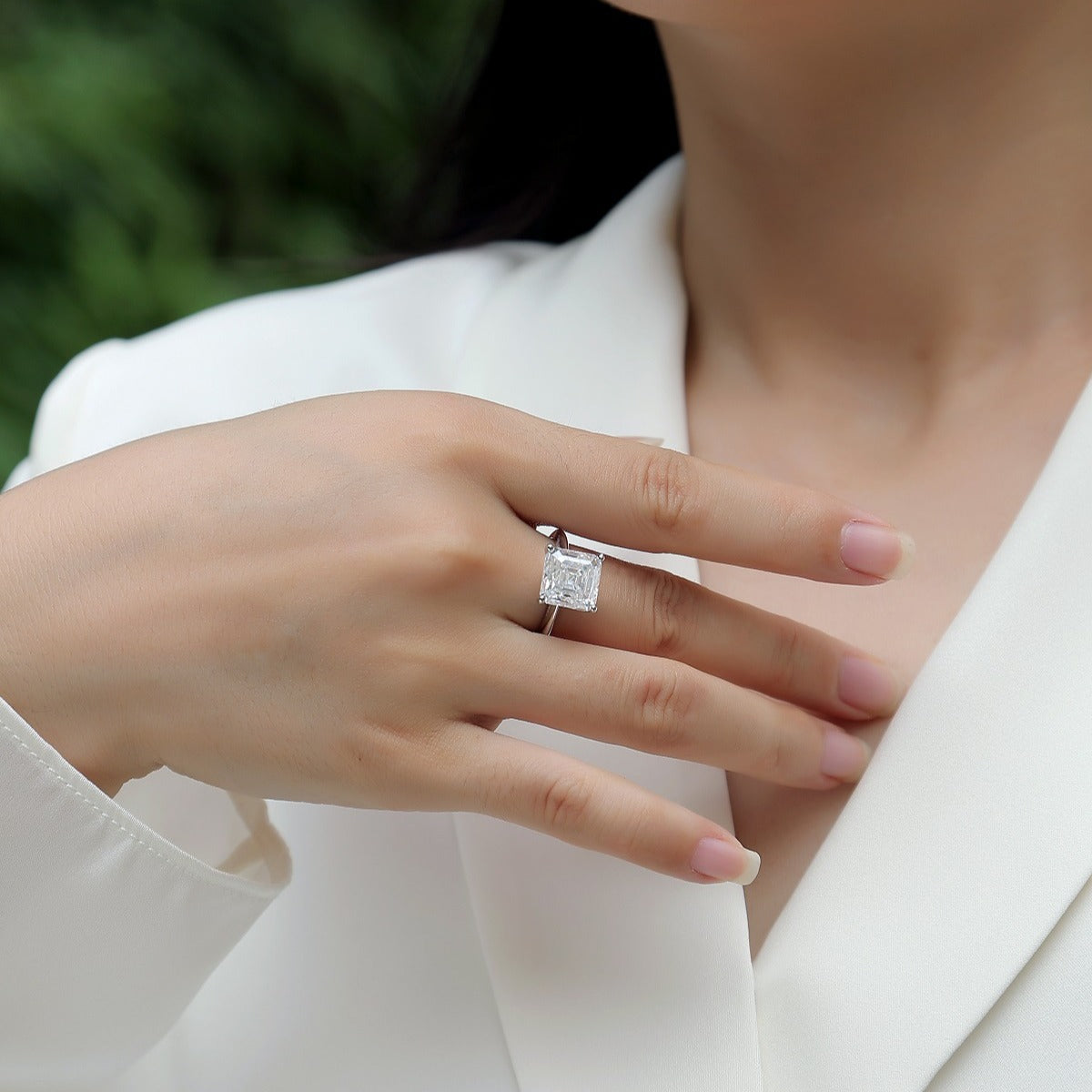 Glojewels Solitaire White Sapphire 6ct Moissanite Asscher Cut Silver Ring