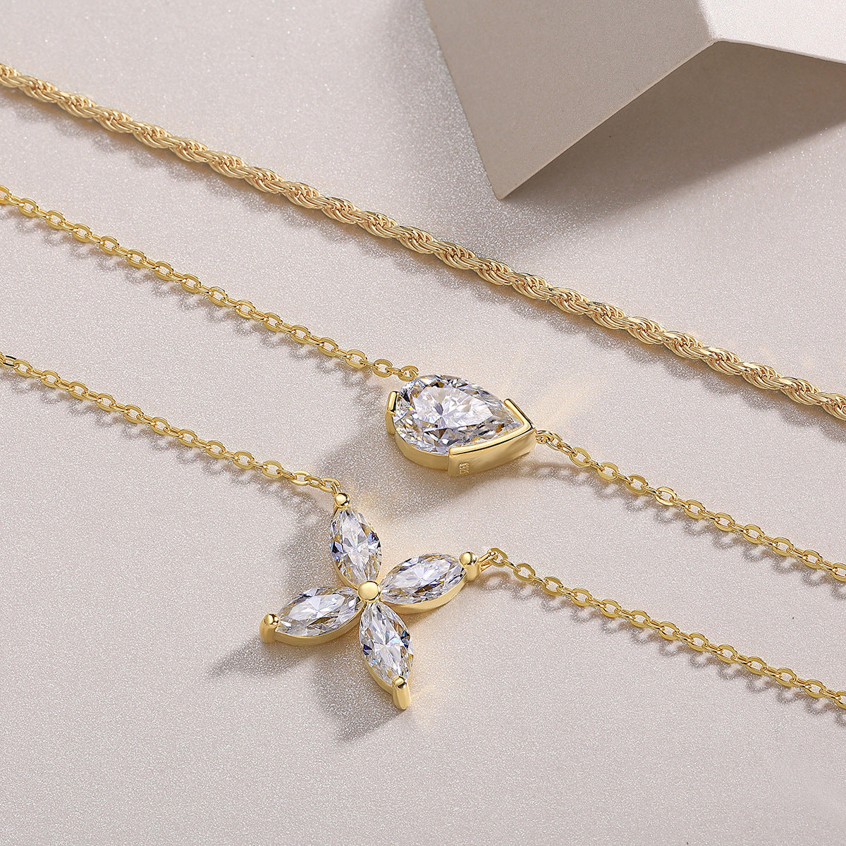 Glojewels Gold Tone Layered White Pear&Marquise Cut Moissanite Necklace