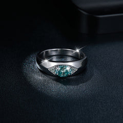 Glojewels Three Stone 1ct Blue-green Moissanite Oval Cut Silver Ring