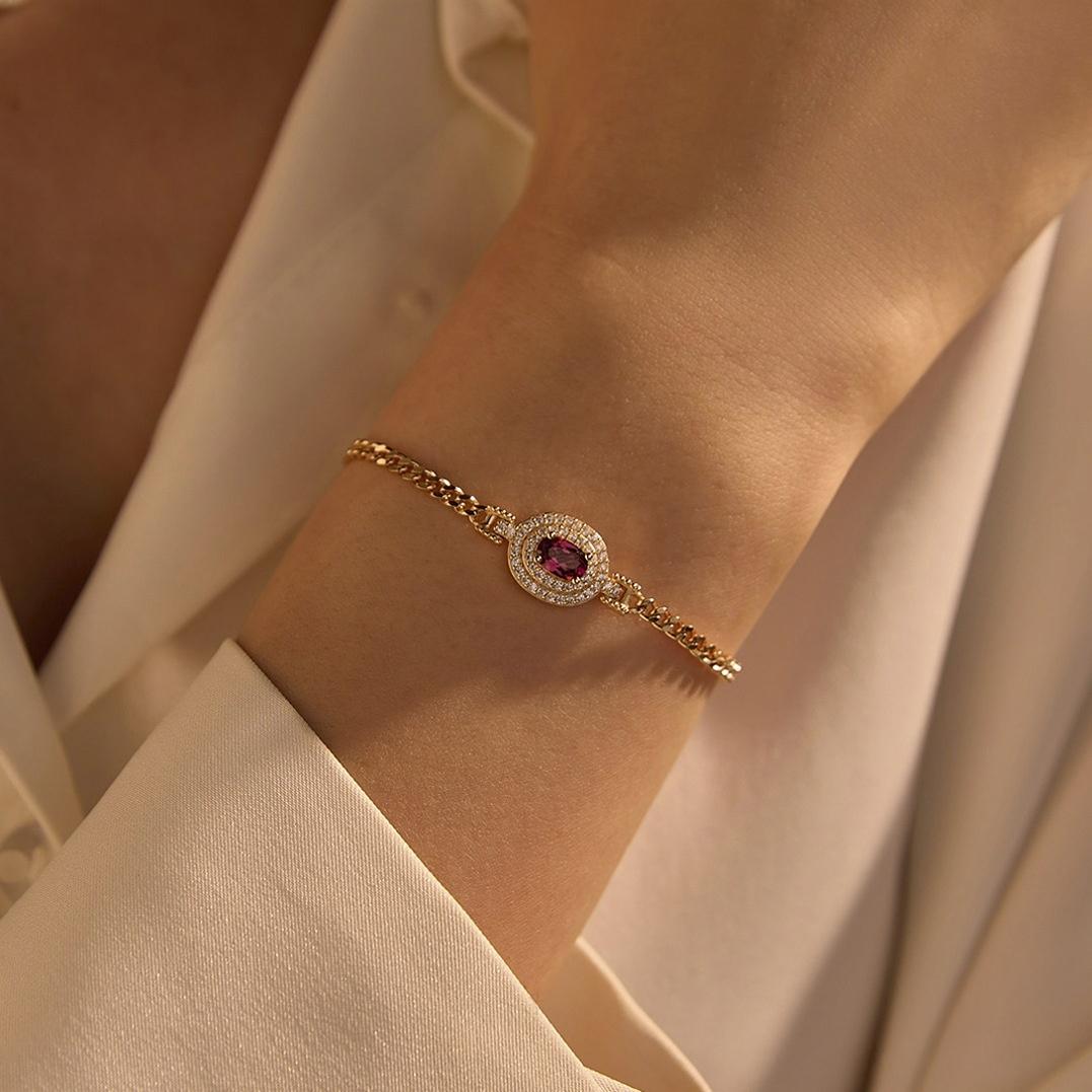 Glojewels Champagne Gold Double Halo Natural Garnet Oval Cut Silver Bracelet