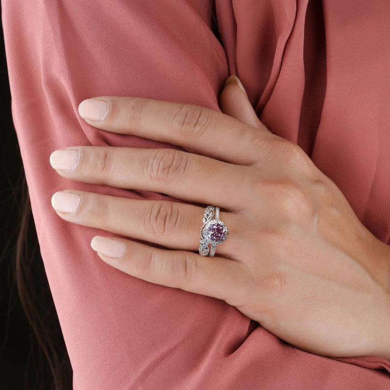 Glojewels 2pc Vintage Leaf Alexandrite Round Cut Silver Ring Set