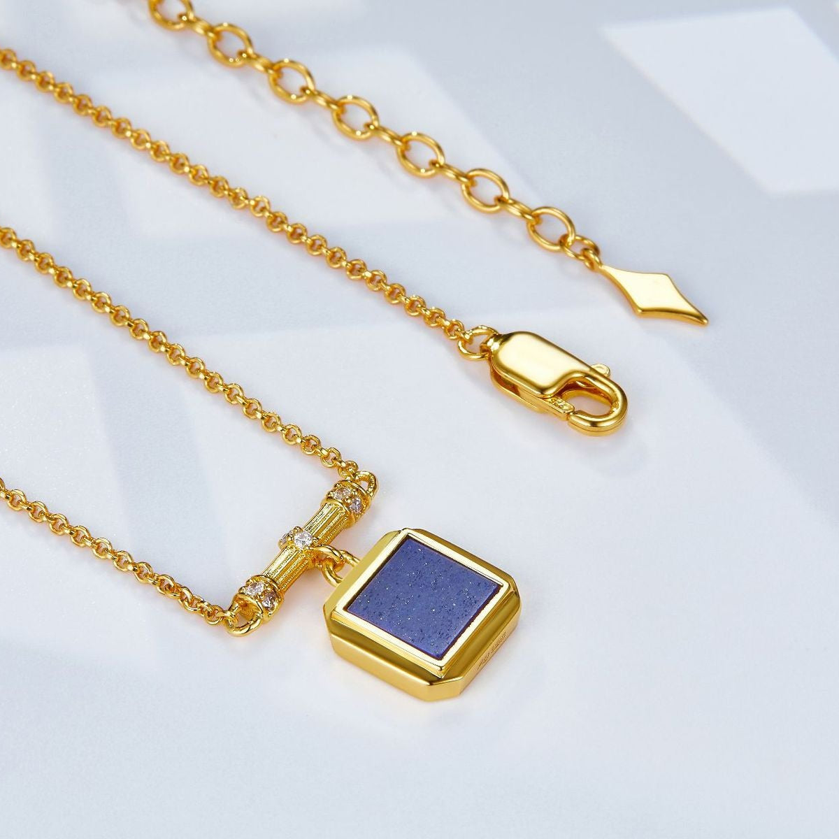 Glojewels Gold Square Minimalist Design Natural Lapis Lazuli Princess Cut Silver Pendant Necklace