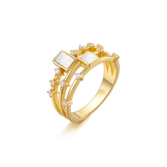 Glojewels Gold Square Double Row Design Natural White Mother Of Pearl Princess Cut Silver Ring