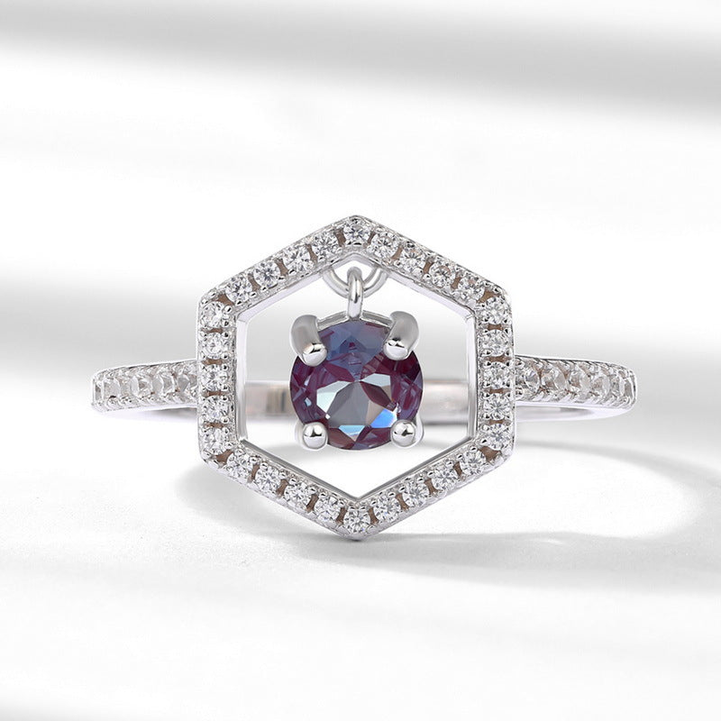 Glojewels Halo Half Eternity Alexandrite Round Cut Silver Ring