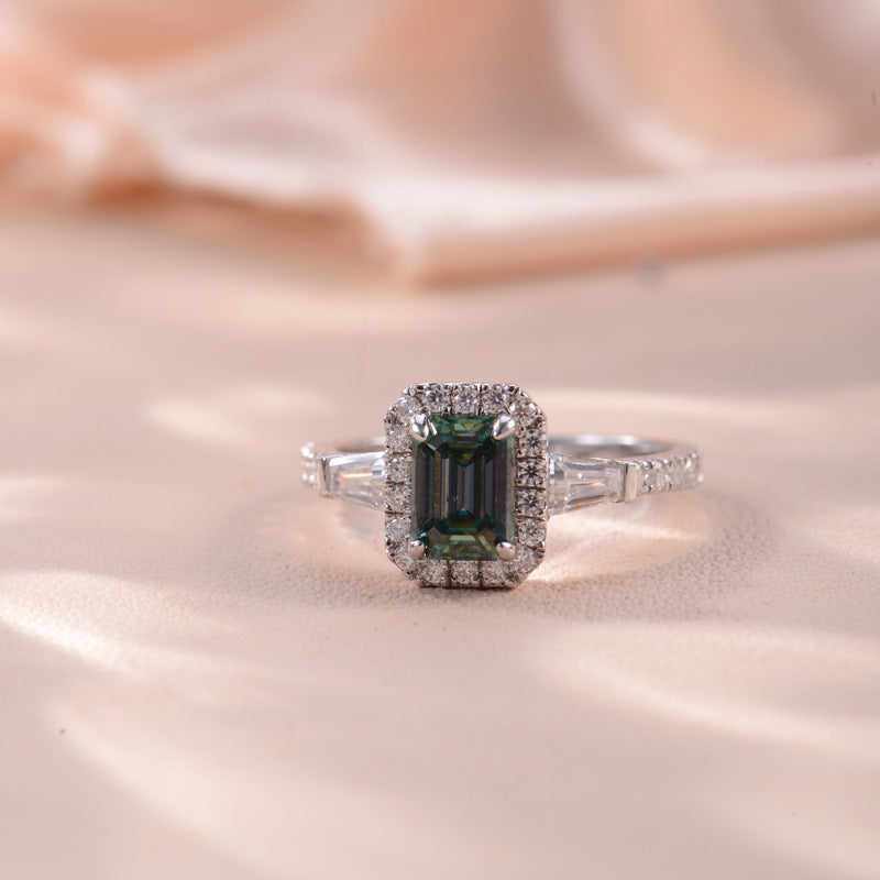Glojewels Three Stone Halo 1ct Blue-green Moissanite Emerald Cut Silver Ring
