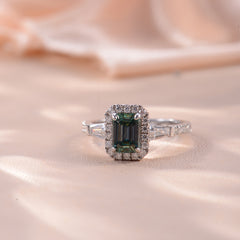 Glojewels Three Stone Halo 1ct Blue-green Moissanite Emerald Cut Silver Ring