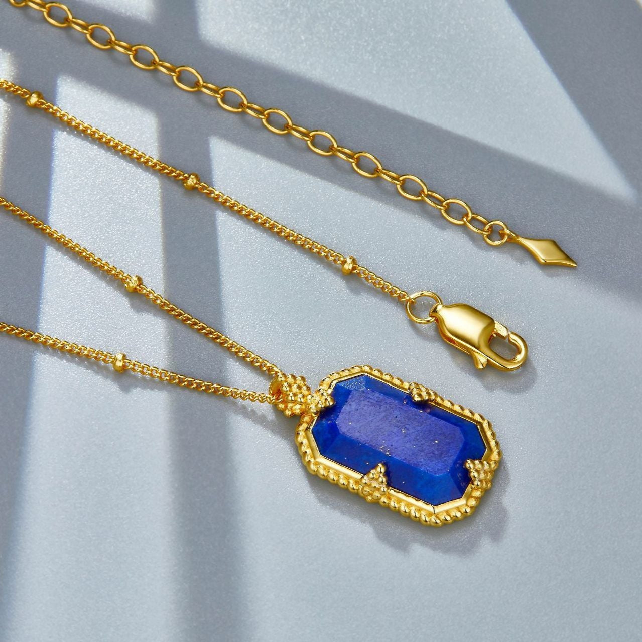 Glojewels Gold Blue Mirror Natural Lapis Lazuli Emerald Cut Silver Pendant Necklace