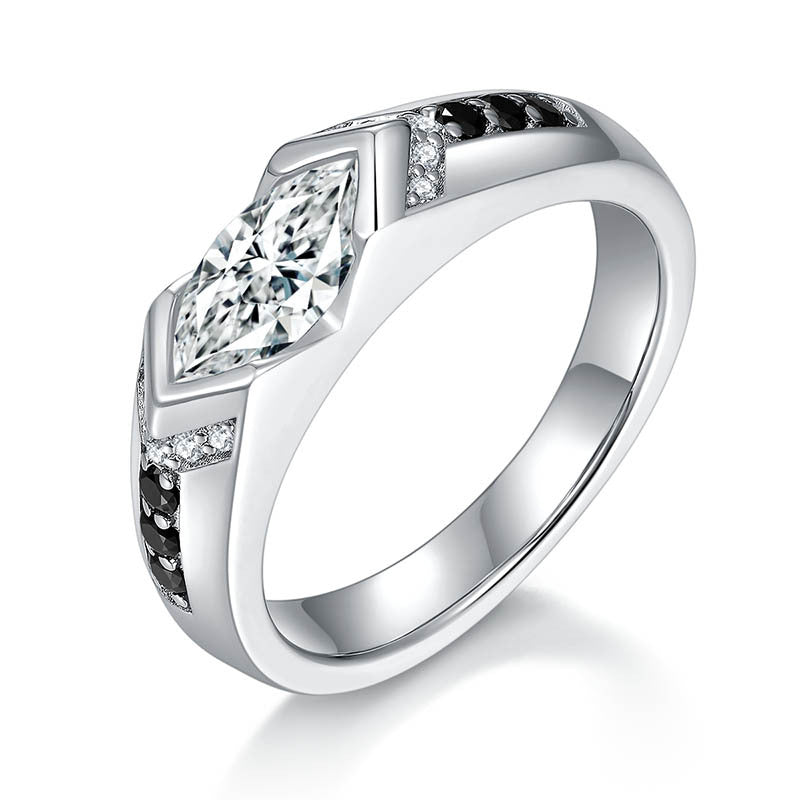 Glojewels Vintage 1ct White&Black Moissanite Marquise Cut Silver Ring