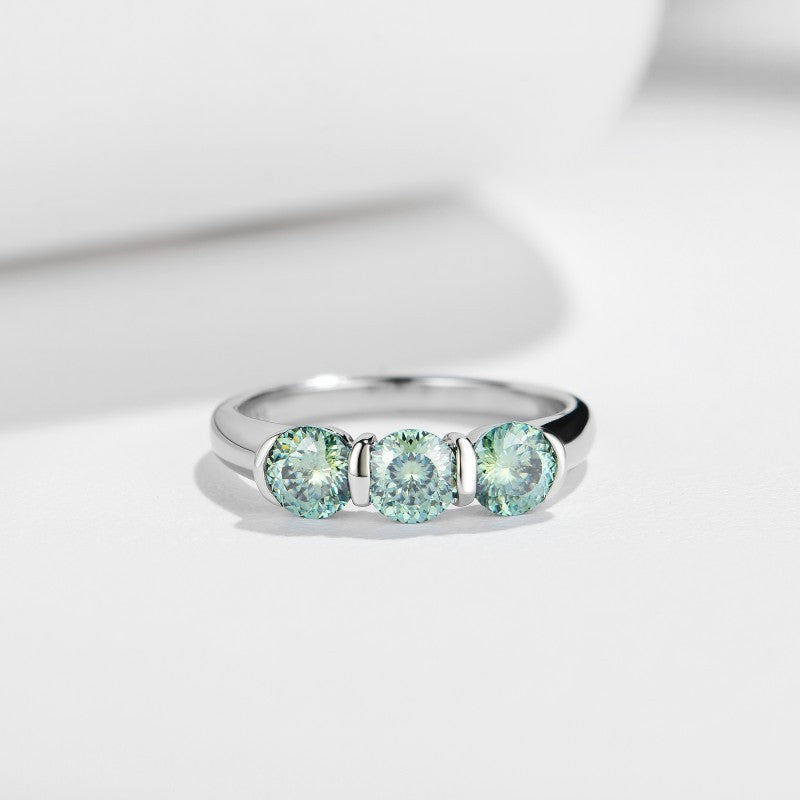 Glojewels Three Stone 1.5ctw Blue-green Moissanite Round Cut Silver Ring