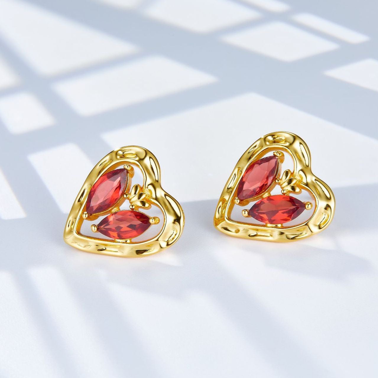 Glojewels Gold Heart Natural Garnet Marquise Cut Silver Stud Earring