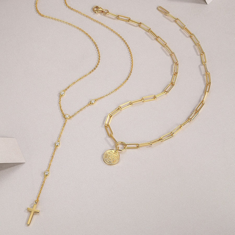 Glojewels Gold With Cross Pendant White Moissanite Round Cut Silver Layered Necklace