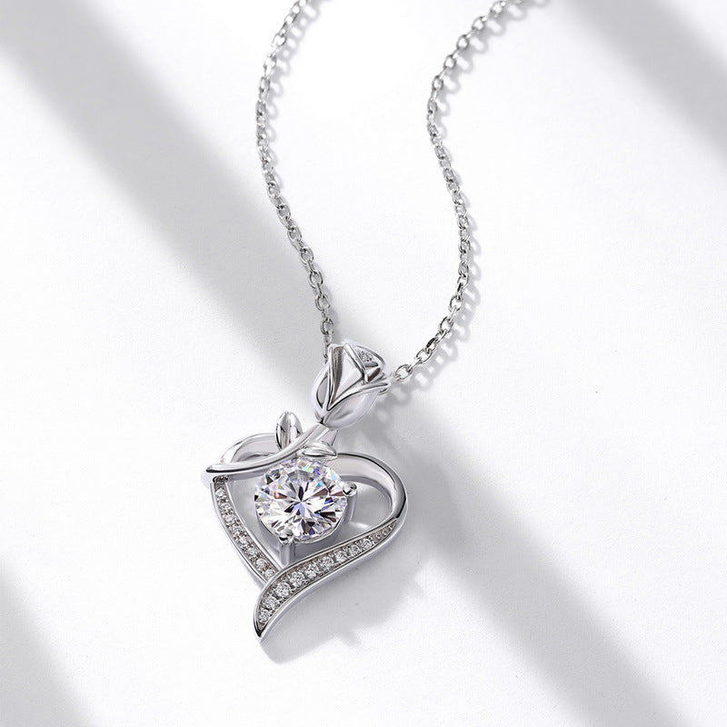 Glojewels Rose Heart 1ct White Moissanite Round Cut Silver Pendant Necklace