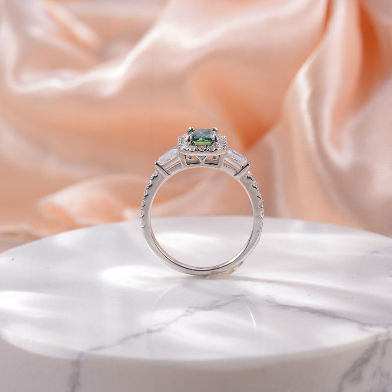 Glojewels Three Stone Halo 1ct Blue-green Moissanite Emerald Cut Silver Ring