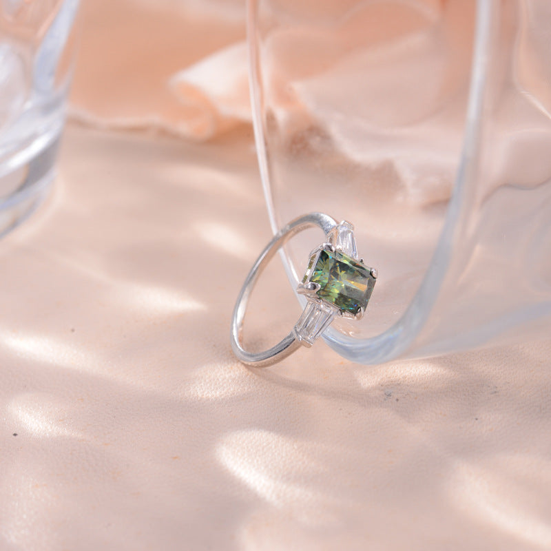 Glojewels Three Stone 2ct Green Moissanite Radiant Cut Silver Ring