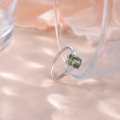 Glojewels Three Stone 2ct Green Moissanite Radiant Cut Silver Ring