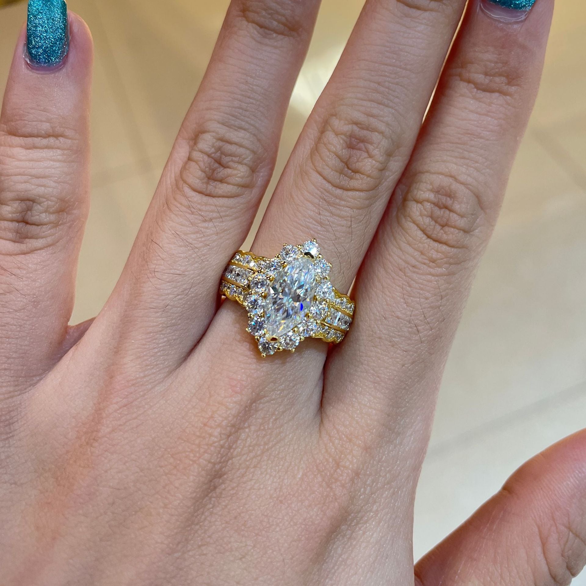 Glojewels Gold Halo 2ct White Moissanite Marquise Cut Silver Ring