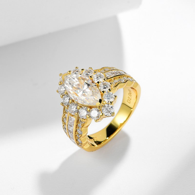 Glojewels Gold Halo 2ct White Moissanite Marquise Cut Silver Ring