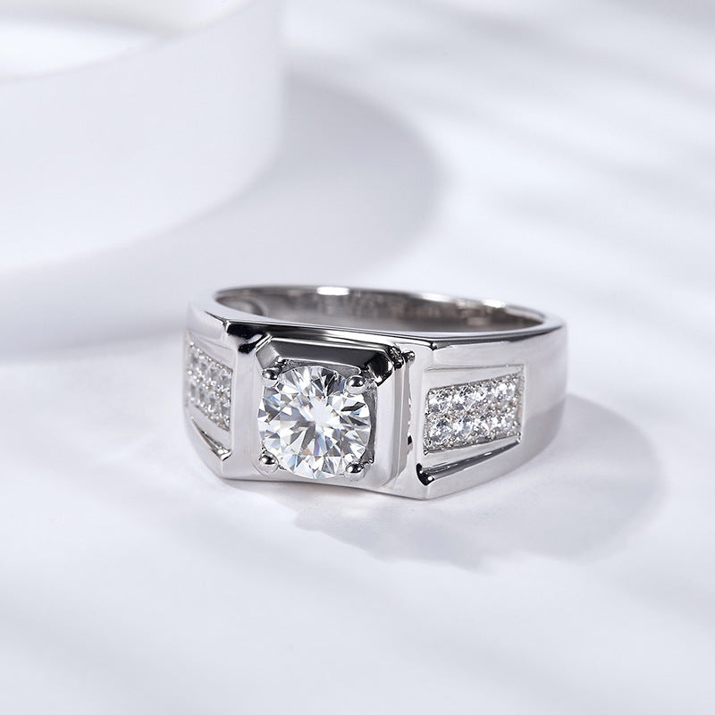 Glojewels Half 2 Rows 1ct White Moissanite Round Cut Silver Men's Ring