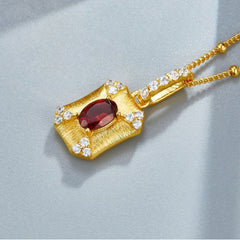 Glojewels Gold Vintage Natural Garnet Oval Cut Silver Pendant Beaded Chain Necklace