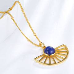Glojewels Gold Fan Design Natural Lapis Lazuli Round Cut Silver Pendant Necklace