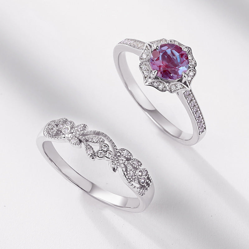 Glojewels 2pc Vintage Leaf Alexandrite Round Cut Silver Ring Set