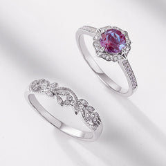 Glojewels 2pc Vintage Leaf Alexandrite Round Cut Silver Ring Set