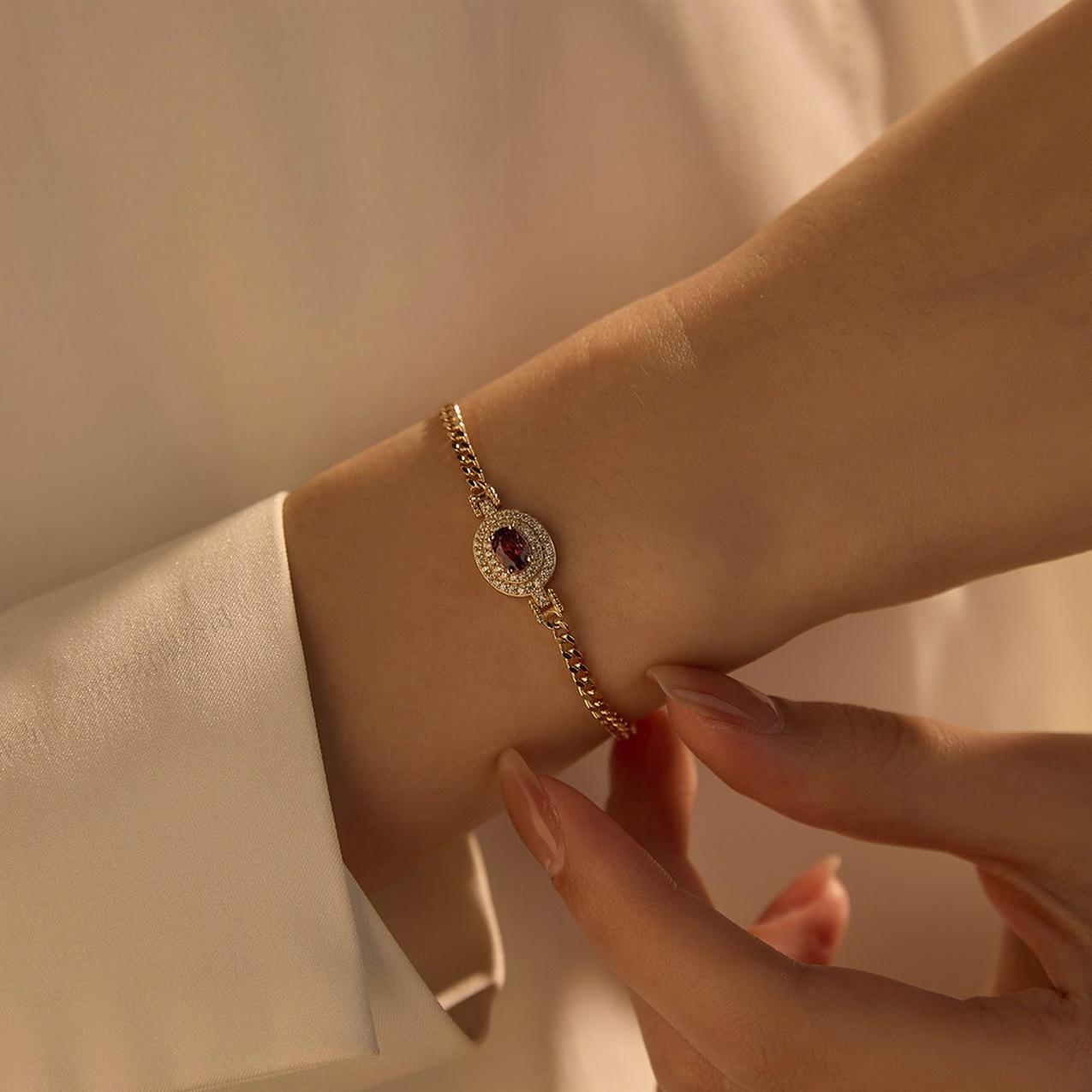Glojewels Champagne Gold Double Halo Natural Garnet Oval Cut Silver Bracelet