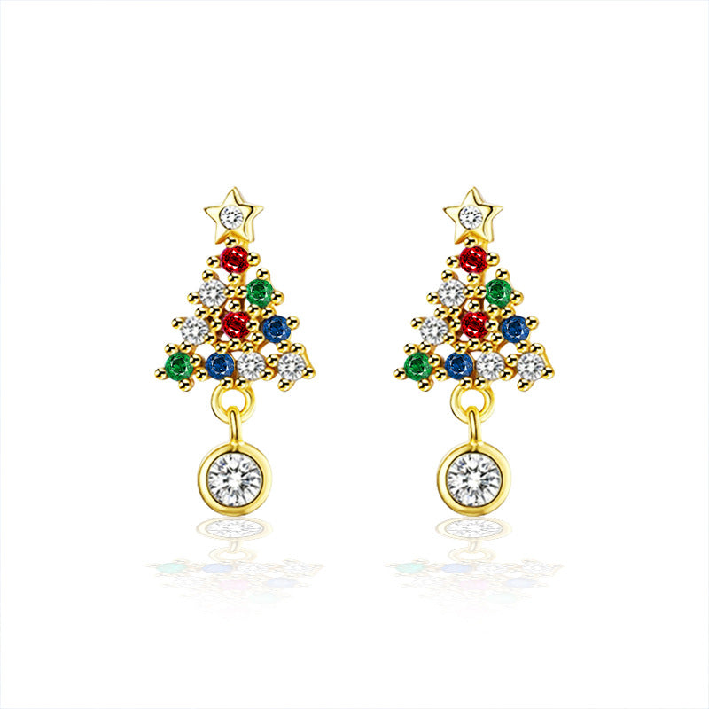Glojewels Christmas Tree Gold Rainbow 0.3ct White Moissanite Round Cut Silver Drop Earring