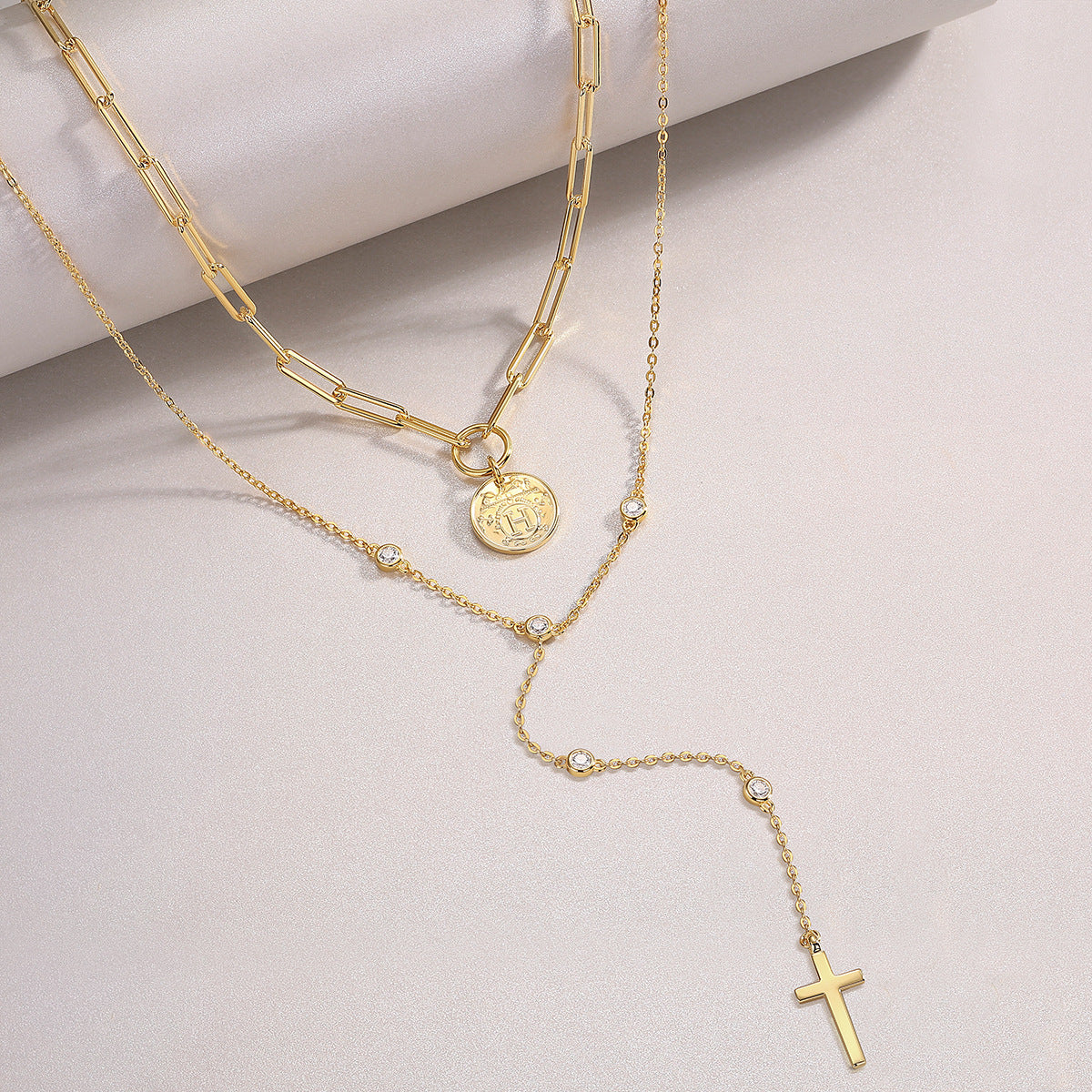 Glojewels Gold With Cross Pendant White Moissanite Round Cut Silver Layered Necklace