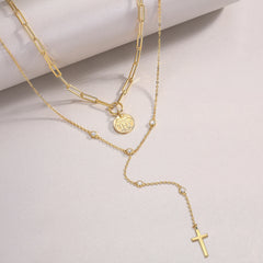 Glojewels Gold With Cross Pendant White Moissanite Round Cut Silver Layered Necklace