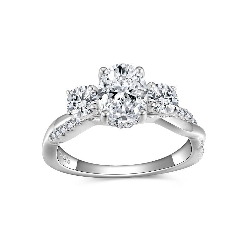 Glojewels Three Stone Twist 1.5ct White Moissanite Oval Cut Silver Ring