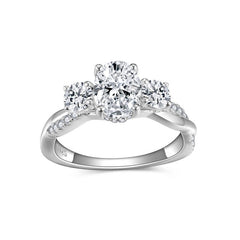 Glojewels Three Stone Twist 1.5ct White Moissanite Oval Cut Silver Ring