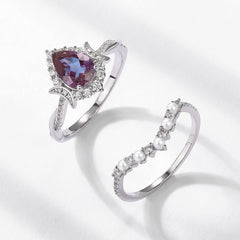 Glojewels 2pc Halo Twist Pearl Alexandrite Pear Cut Silver Ring Set