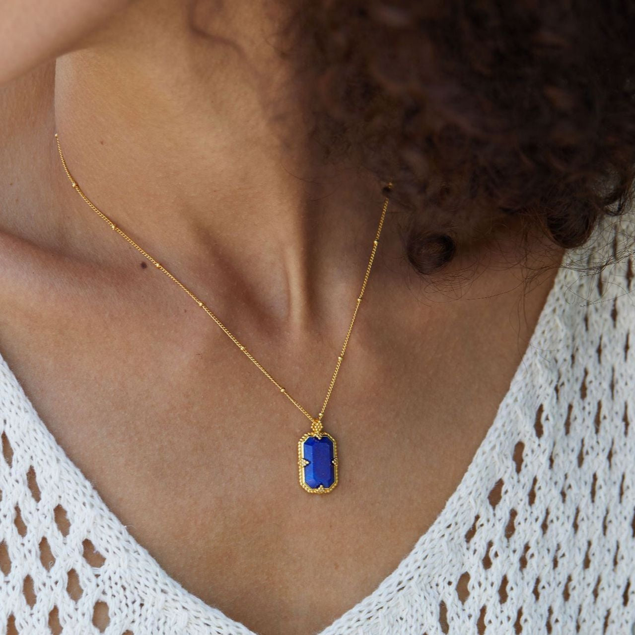 Glojewels Gold Blue Mirror Natural Lapis Lazuli Emerald Cut Silver Pendant Necklace
