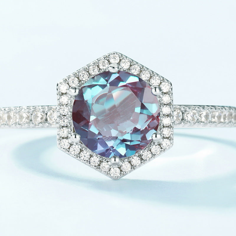 Glojewels Halo Half Eternity Alexandrite Round Cut Silver Ring