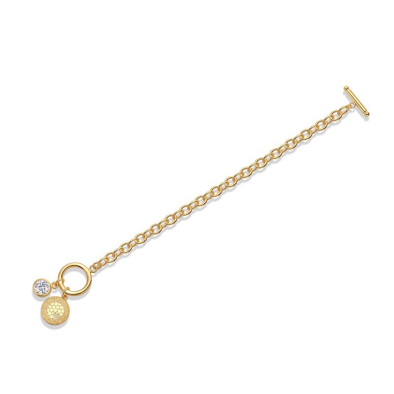 Glojewels Gold Round Tag 1ct White Moissanite Round Cut Silver Chain Bracelet
