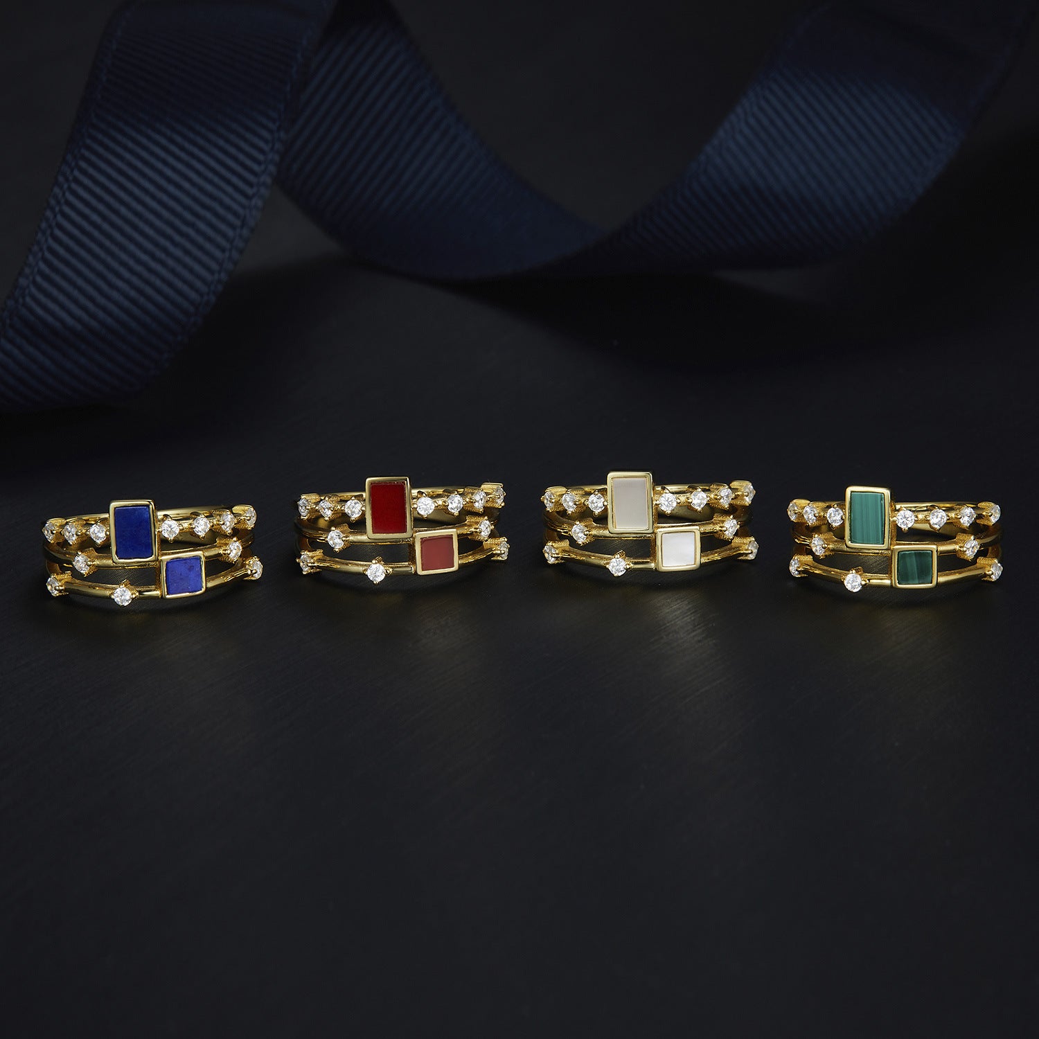 Glojewels Gold Square Double Row Design Natural Malachite Princess Cut Silver Ring