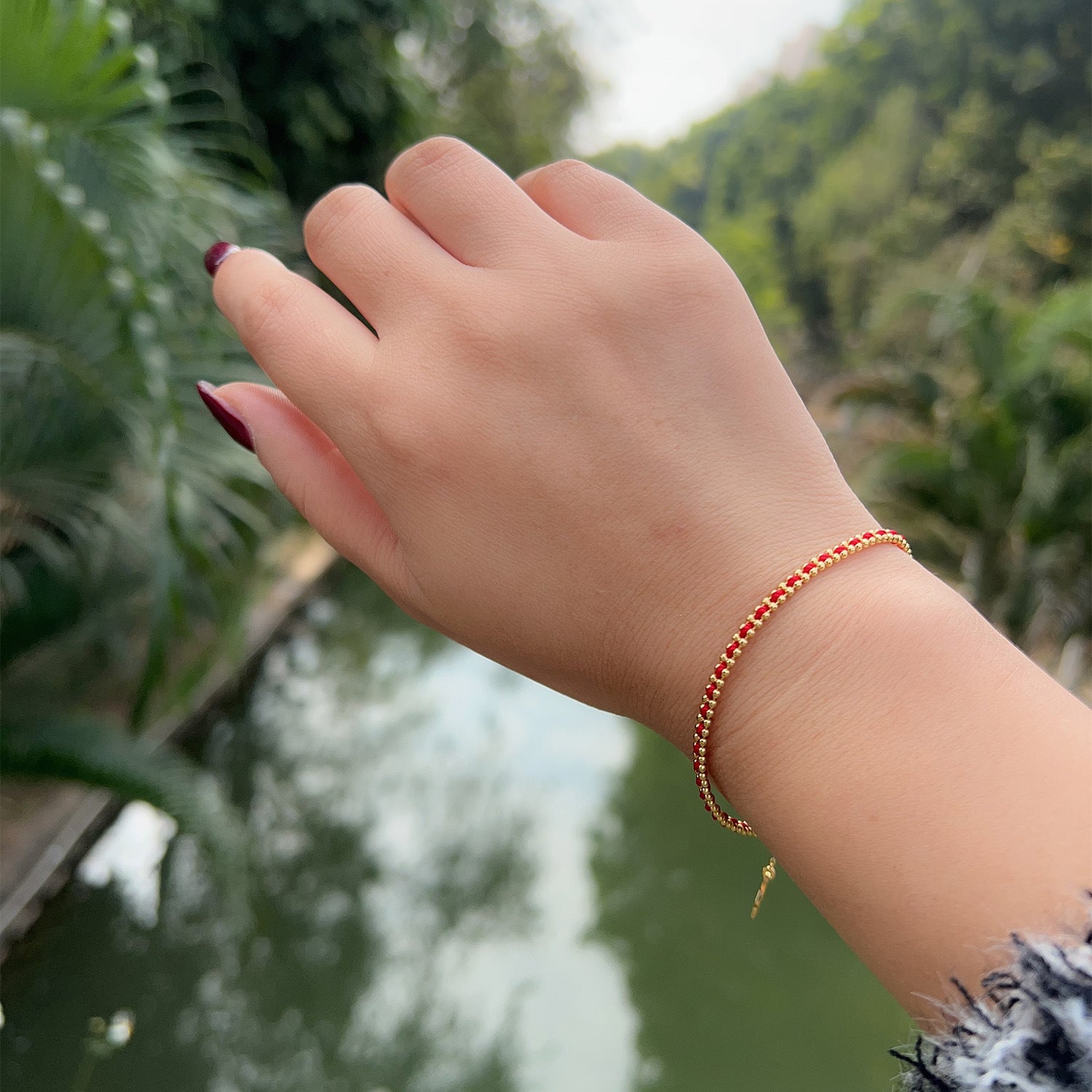 Glojewels Gold Red Rope Adjustable Slider Bead Silver Bracelet