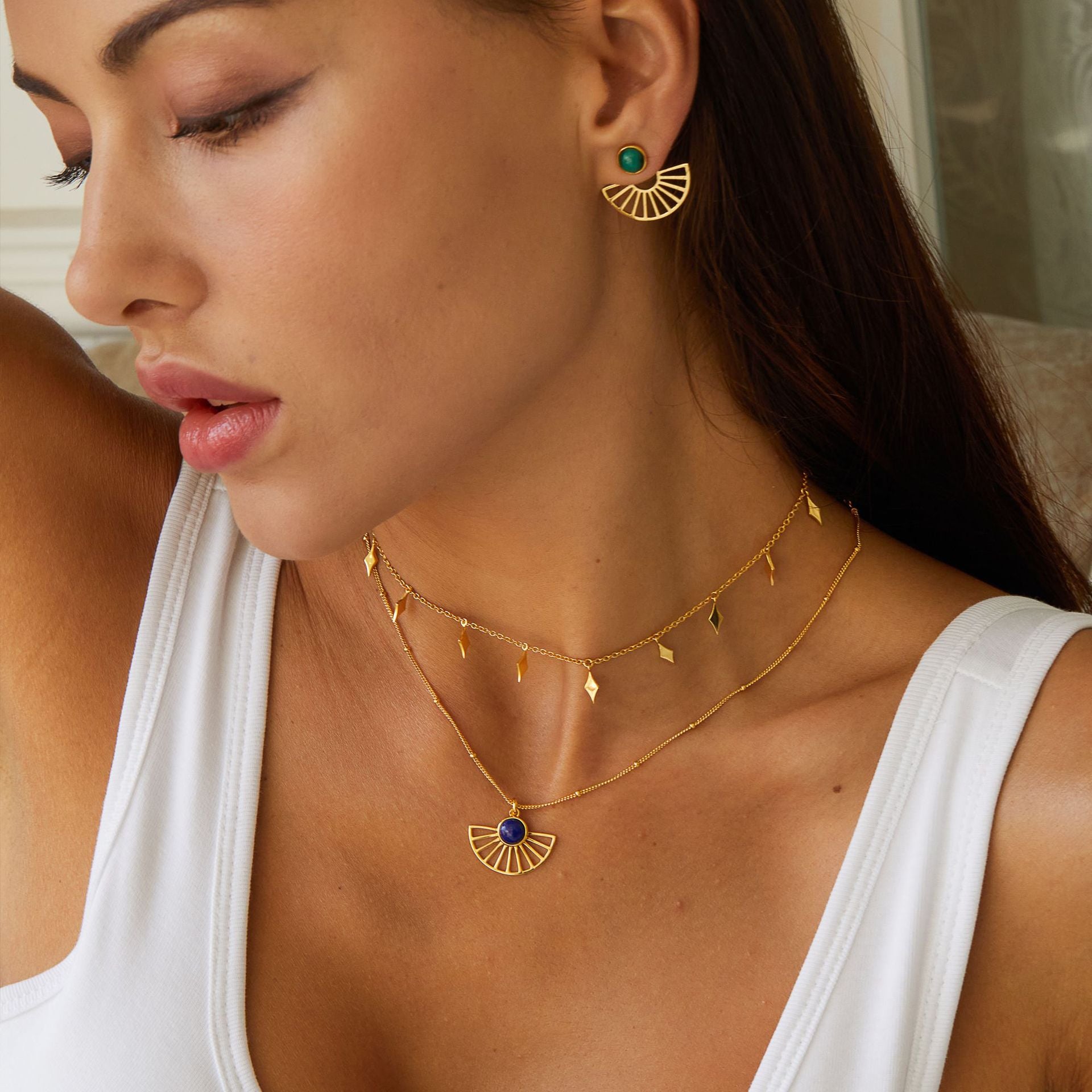 Glojewels Gold Fan Design Natural Lapis Lazuli Round Cut Silver Pendant Necklace