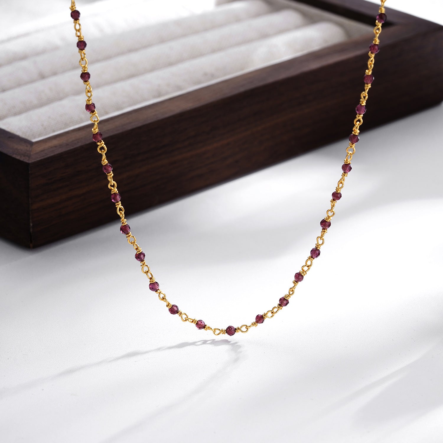 Glojewels Gold Simple Natural Garnet Silver Beaded Necklace