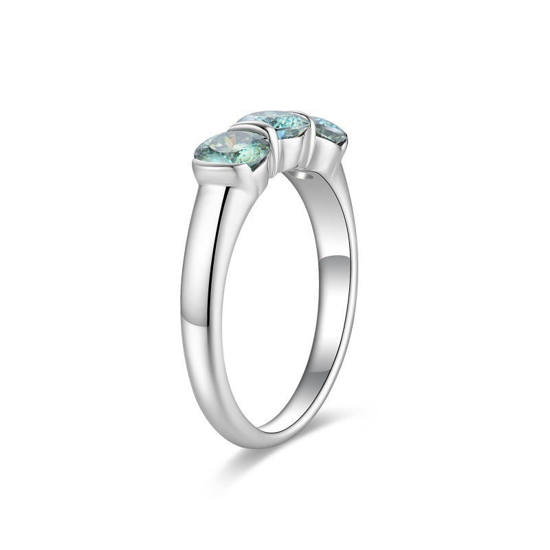Glojewels Three Stone 1.5ctw Blue-green Moissanite Round Cut Silver Ring