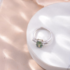Glojewels Three Stone 2ct Green Moissanite Radiant Cut Silver Ring