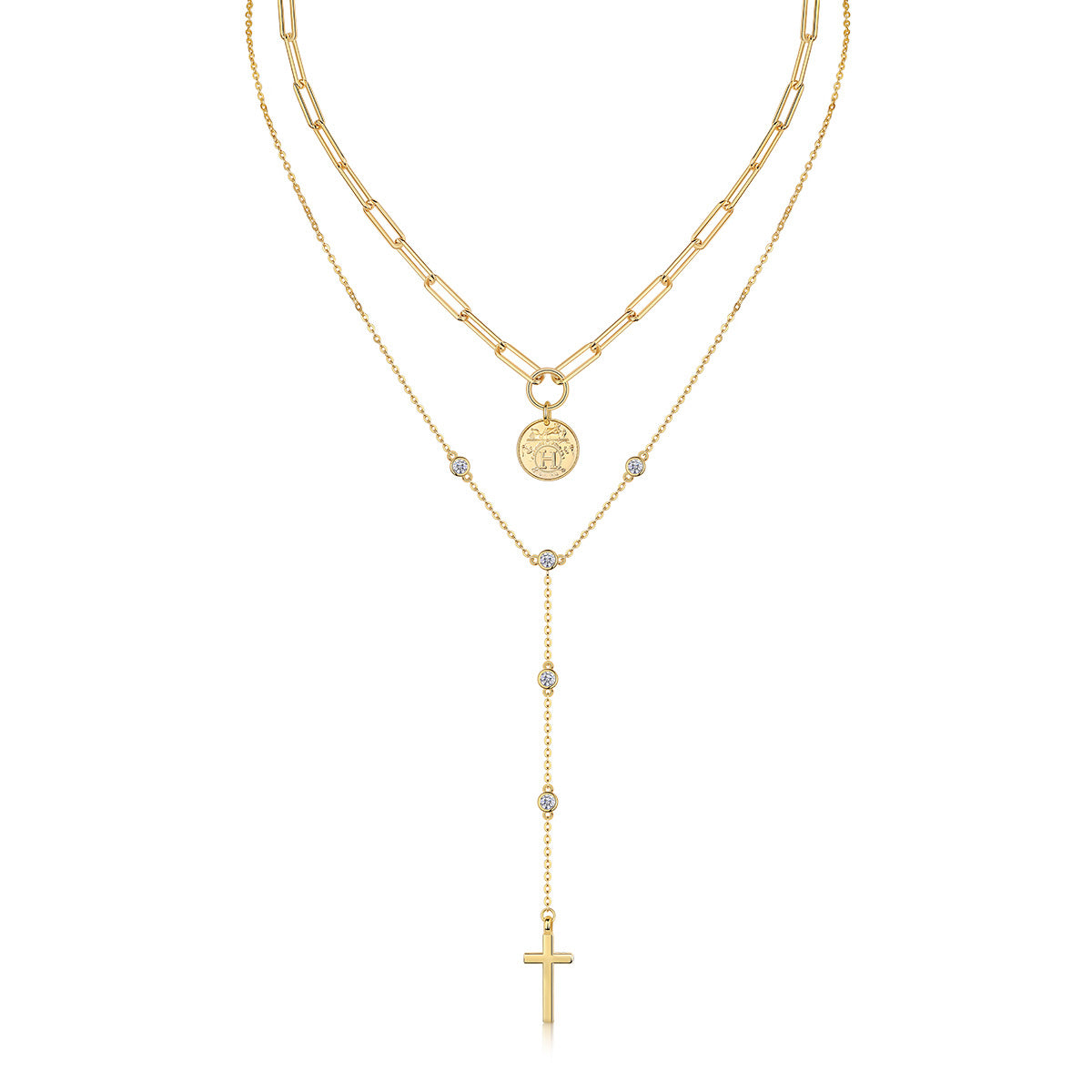 Glojewels Gold With Cross Pendant White Moissanite Round Cut Silver Layered Necklace