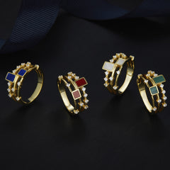 Glojewels Gold Square Double Row Design Natural White Mother Of Pearl Princess Cut Silver Ring