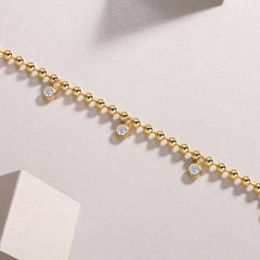 Glojewels Gold Bead White Moissanite Round Cut Silver Chain Bracelet